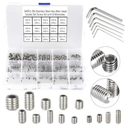 HanTof 340Pcs M2.5, M3, M4, M5, M6, M8 Metric Hex Socket Head Cup Point Set Screws, Allen Head Grub Screw, Internal Hex Drive Headless Set Screw Assortment Kit with 6 Hex Wrenches, 304 Stainless Steel