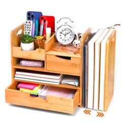 ZOOFOX Bamboo Desk Organizer with Adjustable File Holder, Mail Organizer Countertop with Drawer, 4-Tier Desktop Organization and Desk Accessories for Home Office School Supplies, No Assembly Required