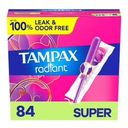 Tampax Radiant Tampons With Leakguard Braid, Super Absorbency, Unscented, 28 Count x 3 Pack (84 Count Total)