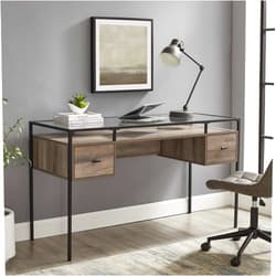 Walker Edison Writing Desk, 56, Glass Top 2 Drawer Computer, 56 Inch, Grey Wash