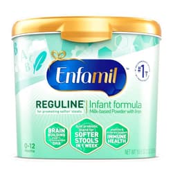 Enfamil Reguline Baby Formula, Milk-Based Infant Nutrition, Dual Prebiotics for Soft, Comfortable Stools within 1 Week of Use, Omega-3 DHA for Immune Support, Reusable Powder Tub, 19.5 Oz​