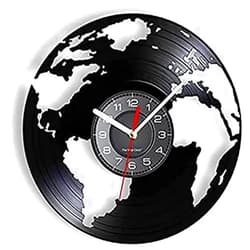 LKCLOCK Vinyl Clock Non Ticking Wall Clock Globe Earth World Vinyl Record Wall Clock Living Green Homeland Terre Map Geography Art Home Decor Disk Crafts Silent Clock 12CM