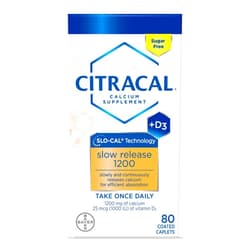 Citracal Slow Release 1200, 1200 mg Calcium Citrate and Calcium Carbonate with 25 mcg (1000 IU) Vitamin D3, Bone Health Support, Calcium Supplement for Ages 12+, Take Once Daily Caplet, 80 Count