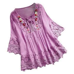 Generic 3/4 Sleeve Mexican Embroidered Peasant Blouses Tops for Women Hippie Flowy Boho Indian Cotton Shirts Tunic Plus Size