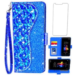 Asuwish Phone Case for ZTE Blade ZMax Z982 Wallet Cover with Tempered Glass Screen Protector and Wrist Strap Flip Credit Card Holder Bling Glitter Stand Cell Z Max Pro 2/Sequoia 982 Women Girls Blue