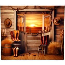 YongFoto Western Cowboy Theme Backdrop 12x8ft Farmhouse Oak Barrel Hay Bale Hat Boots Sunset Window View Photography Background Wild West Salon Party Banner Room Decor Portrait Photoshoot Wallpaper