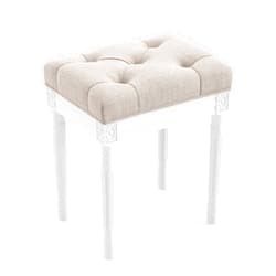 LUE BONA Upholstered Fabric Vanity Bench Seat, Makeup Stools for Vanity, Square Tufted Ottoman Bench with Carved White Legs for Bedroom Living Room, Linen Color