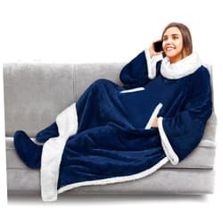 PAVILIA Sherpa Blanket with Sleeves, Foot Pocket for Women Men Adults, Thick Wearable Blanket Throw Wrap, Fleece Warm Snuggle Blanket Robe, Cozy Gift Ideas Wife Mom, Navy Blue