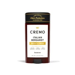 Cremo Italian Bergamot Aluminum Free Deodorant for Men, 48-hour Long Lasting Odor Protection, 2.65oz