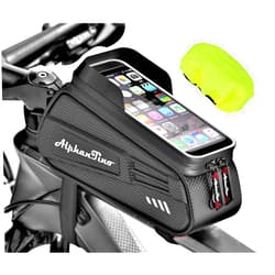 Alphantino Bike Phone Holder Bag - Waterproof Bicycle Frame Bag Hard Case Large Capacity Top Tube Front Frame Cycling Mount Accessories Pouch, TPU Touch-Screen & Sun-Visor (Red Zipper)