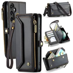 WAWZ for Samsung Galaxy S24 FE Case, Women Men Multi-Function Wallet Case with Stand RFID Blocking Featuring Magnetic Closure Zipper Includes Shoulder Strap Wrist Strap (Black)