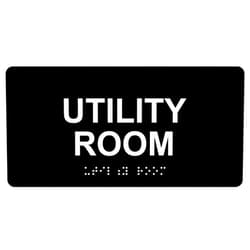 ComplianceSigns.com Utility Room Braille Sign, ADA-Compliant Braille and Raised Letters, 8x4 inch Black Acrylic with Adhesive Mounting Strips