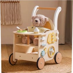 ROBOTIME Wooden Baby Walker, Baby Push Walker, Baby Activity Center Toys - Toddler Walking Activity Center Push Toys with Safety Brake, Baby Walker for Motor Skills (Rattan Doll Walker)