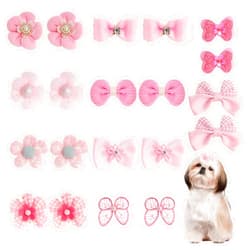 Gvhntk 20 Pcs Light Pink Small Dog Hair Bows Cute Puppy Dog Bowknot Hair Bow Bulk with Rubber Bands Elastic Lace Rhinestone Pearls Hair Ties Mix Style Handmade Grooming Flower Topknot Ball Bows Accessories