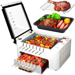 XHJ Indoor BBQ Kabob Skewers Grill,Smokeless Auto 360° Rotating Electric Barbecue Skewers Rotisserie,3 In 1 Indoor Electric Tabletop Grill with Removable Grill Pan,Grill Grate & Lid,Dual Zone Cooking