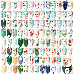 Huhumy 100 Pcs Christmas Dog Bandanas Bulk Pet Bibs Colorful Triangle Scarf Xmas Pet Bandanas for Medium Large Dogs Christmas Party Xmas Costume Decor