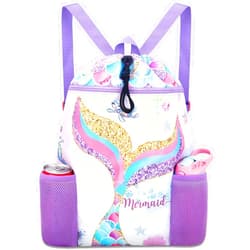 RHCPFOVR Mermaid Swim Bags for Kids - Drawstring Backpack for Girls Beach Swimming Pool Lightweight Draw String Bags Waterproof Sports Gym Bag With Two Water Bottle Holder
