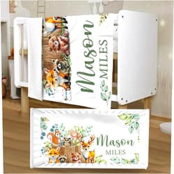 YISMEET Personalized Crib Bedding Set for Boys Girls, Custom Baby Crib Sets with Name, Animal Stump Design Nursery Bedding 2 Piece - Soft Blanket with Double Layer Dotted Backing, Crib Fitted Sheet