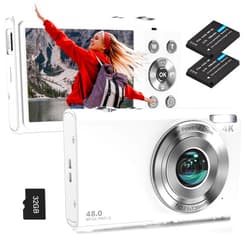 STUOGYUM Digital Camera, Autofocus UHD 4K Vlogging Camera with 32GB Card, 48MP 16X Digital Zoom Digital Camera, Anti-Shake Portable YouTube Compact Point Shoot Camera for Teens Adult Beginner(White)