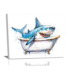 Mecowcm Funny Shark Bathroom Decor Wall Art Shark Room Pictures Canvas Wall Decor Abstract Print Painting Artwork Home Decorations for Bathroom Bedroom Living Room Office Framed 12x16 inch