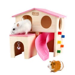 kathson Pet Small Animal Hideout Hamster House with Funny Climbing Ladder Slide Wooden Hut Play Toys Chews for Small Animals Like Dwarf Hamster and Mouse(Pink)