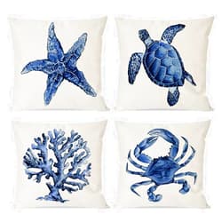 PANDICORN Sea Life Coastal Throw Pillow Covers 18x18 Inch Starfish Turtle Crab Coral Indigo Blue Summer Beach Ocean Nautical Outdoor Decorations Decorative Throw Pillows Cases Set of 4 for Couch Decor