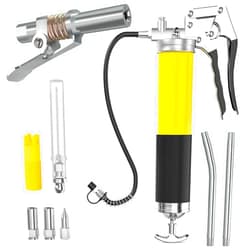 WYBENZ Grease Gun with Needle Coupler, 8000 PSI Heavy Duty Pistol Grip Grease Gun Kit with 14 oz Load, 18 Inch Spring Flex Hose, 2 Working Coupler, 2 Extension Rigid Pipe, Sharp Type Nozzle and Clean Cap