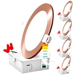 LUXRITE 6 Inch Ultra Thin LED Recessed Light with J-Box, 12W, 5 Color Options 2700K | 3000K | 3500K | 4000K | 5000K, Dimmable Wafer Light, 1000 Lumens, Copper Trim, Energy Star, IC Rated (4 Pack)