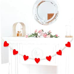 NESTRE Mantel Decor - Red Felt Heart Wooden Beads Garland Banner for Fireplace Mantel Walls Decorations/Red