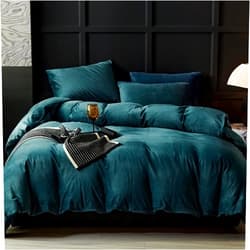 WARMDERN Peacock Blue Velvet Duvet Cover Queen Size Flannel Duvet Cover Bedding Sets, 3pcs Ultra Soft Luxury Textured Modern Crystal Velvet Duvet Covers with Zipper Closure(Peacock Blue, Queen)