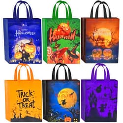AhfuLife 6 Pcs Halloween Trick or Treat Bags, Large Halloween Candy Tote Bags with Handles for Kids, Reusable Halloween Non-Woven Gift Bags for Halloween Party Supplies Favors (15×11.8×3.9’’)
