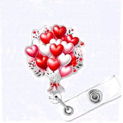 FRUZJAY Valentines Love Flower Nurse Badge Reel Cute Heart Balloon Bun ID Name Tag Acrylic Alligator Clip Retractable Valentine Romantic Hearts Bouquet Badge Holder for Nurse Medical Worker Teacher Student