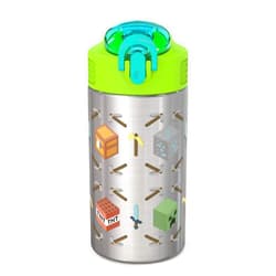 Zak Designs Minecraft 18/8 Single Wall Stainless Steel Kids Water Bottle with Flip-up Straw Spout and Locking Spout Cover, Durable Cup Stays Clean for Sports or Travel (15.5oz, Non-BPA) 15.5oz Minecraft Water Bottle