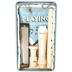 Kikkerland Beginner's Music In A Tin, Harmonica, Recorder, Lesson Book, Sheet Music Kit, Novelty Gift