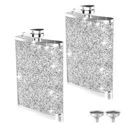 Hianjoo 2-Pack 8 Oz Bling Hip Flasks for Liquor, Hianjoo Leakproof Thin Stainless Steel Flasks Camping Pocket Flask with Funnel for Women, Portable Metal Flask for Wedding Groomsmen Bridesmaid Gift,Silver