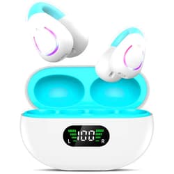 BUABMEQ Open Ear Clip On Earbuds Wireless Bluetooth 5.3 Headphones with LED Digital Display Charging Case Button Control Bone Conduction Sport Earphones Built-in Mic IPX7 Waterproof for Running Fitness,Blue