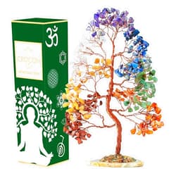 Crocon® 7 Chakra Tree of Life Spiritual Wisdom, Agate Slice Base, Handmade Crystal Tree for Positive Energy, Creativity, Seven Chakra Healing Stone, Attract Good Luck & Charm, Feng Shui Decor, Gifts