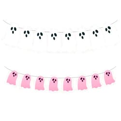 SaktopDeco 2 Pack White Pink Ghost Garland Felt Ghost Banner for Haunted House Fireplace Indoor Outdoor Halloween Party Decorations Supplies