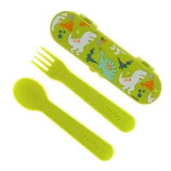 Nuby Toddler Utensils with Travel Case – Self-Feeding Fork & Spoon Set for Kids, Easy-to-Hold Training Utensils with Rounded Safe Edges, Bright Colors & Fun Patterns for Independent Mealtime, Dinosaur