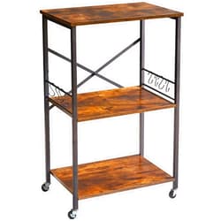 IBUYKE Kitchen Shelf Cart, 3-Tier Microwave Oven Stand, Baker’s Rack with Metal Frame and 8 Hooks, Industrial Printer Stand, Utility Standing Storage Shelf for Coffee Bar, Simple Assembly, TMJ023H