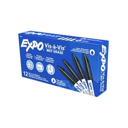 EXPO Vis-à-Vis Wet Erase Markers, Fine Point, Black, 12 Count