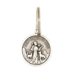 Needzo Silver Tone Base Metal Catholic Saint Francis of Assisi Patron Saint of Animals Protect My Pet Medal Pendant Charm on Split Ring for Dog or Cat Collars, 1 3/4 Inch (Long)
