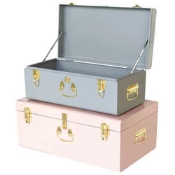 Vixdonos Decorative Metal Box Storage Trunks Set of 2 College Dorm Chest with Lock Hole,23.7X14.2X9.5 Inches(Grey and Pink)