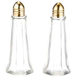 Update International 1 oz. (Ounce) Classic Tower Style Salt & Pepper Shaker, Restaurant Shakers, Polished Gold Top, Glass Body - Set of 2