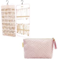 BAGSMART Hanging Jewelry Organizer with Small Cosmetic Bag Storage Roll with Hanger Metal Hooks Double-Sided Jewelry Holder Elegant Roomy Makeup Bags,Great Gifts for Women