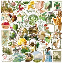 Atyeew 50PCS Green Vintage Stickers,Aesthetic Cottagecore Decor,Teens Adults Retro Gifts,Waterproof Vinyl Stickers for Water Bottle,Laptop,Phone Case,Srapbook