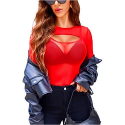 Avidlove Women Sexy Long Sleeve Mesh Top Teddy Bodysuit Clubwear Sheer Leotards with Garter Belt