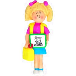 Calliope Designs First Day of School Personalized Christmas Ornament - Kindergarten, 1st Grade, 2nd Grade, 3rd Grade - Blonde Girl
