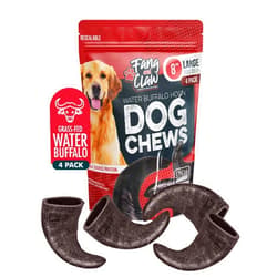 Fang and Claw 4 Pack Water Buffalo Horns for Dogs, Large 8 Inch - Natural Antler & Rawhide Bone Alternative for Aggressive Chewers, Long Lasting Single-Source Grass-Fed Dog Chew