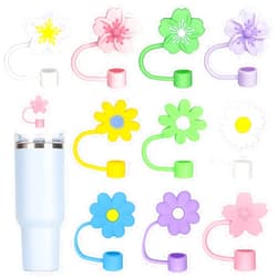 Elykorrne 10Pcs 10mm Straw Covers Cap, Flower Straw Cover Toppers Compatible with Stanley 30&40 Oz Tumbler with Handle, Reusable Silicone Straw Tips Lids Protectors Cup Accessories